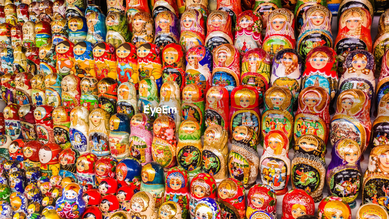 Full frame shot of russian nesting dolls at market stall