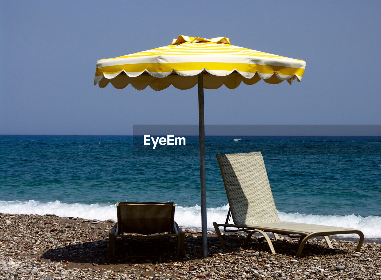 LOUNGE CHAIRS ON BEACH AGAINST CLEAR SKY