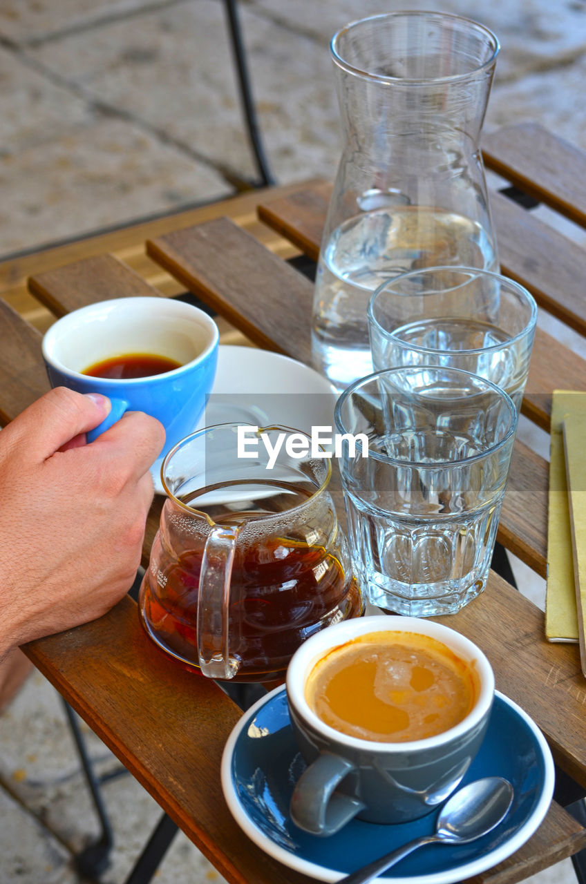 CLOSE-UP OF COFFEE CUP ON GLASS TABLE