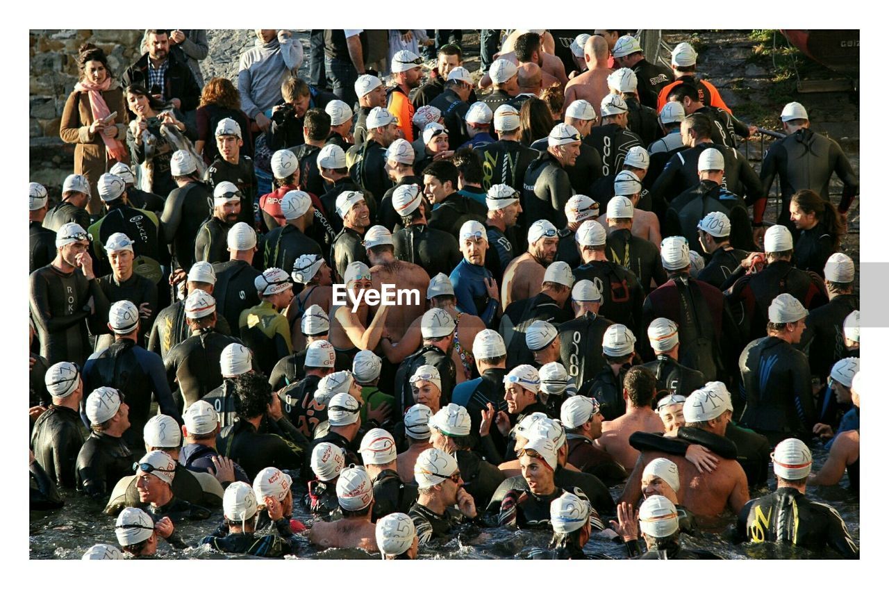 High angle view of people swimming in river