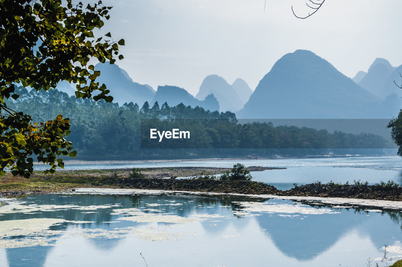 Scenic view of lake and mountains against sky