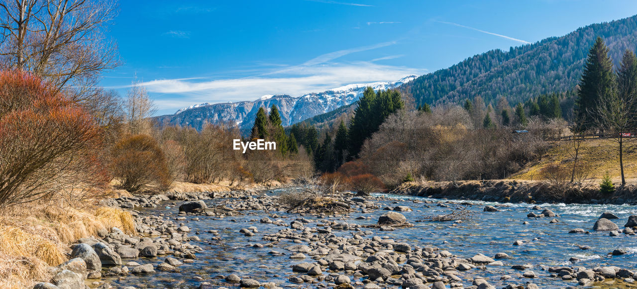 Mountain river surrounded by snow-capped mountains. italian alps, view from pellizzano, italy