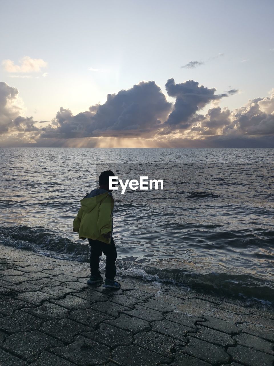 Rear view of boy standing at beach against sky