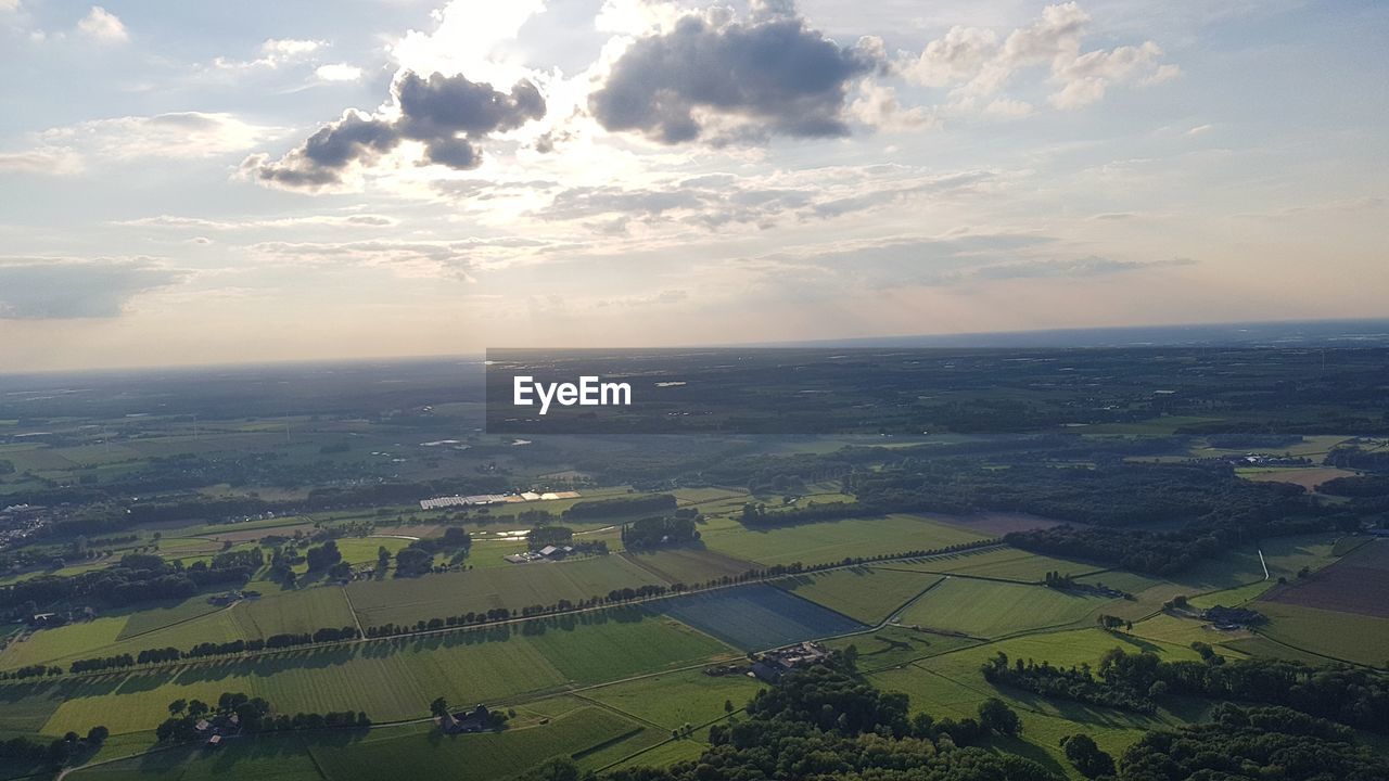 AERIAL VIEW OF AGRICULTURAL FIELD AGAINST SKY