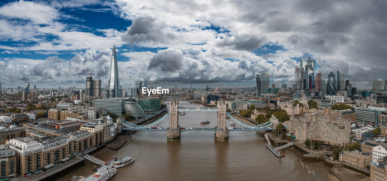 Aerial view of the tower bridge, central london, from the south bank of the thames.