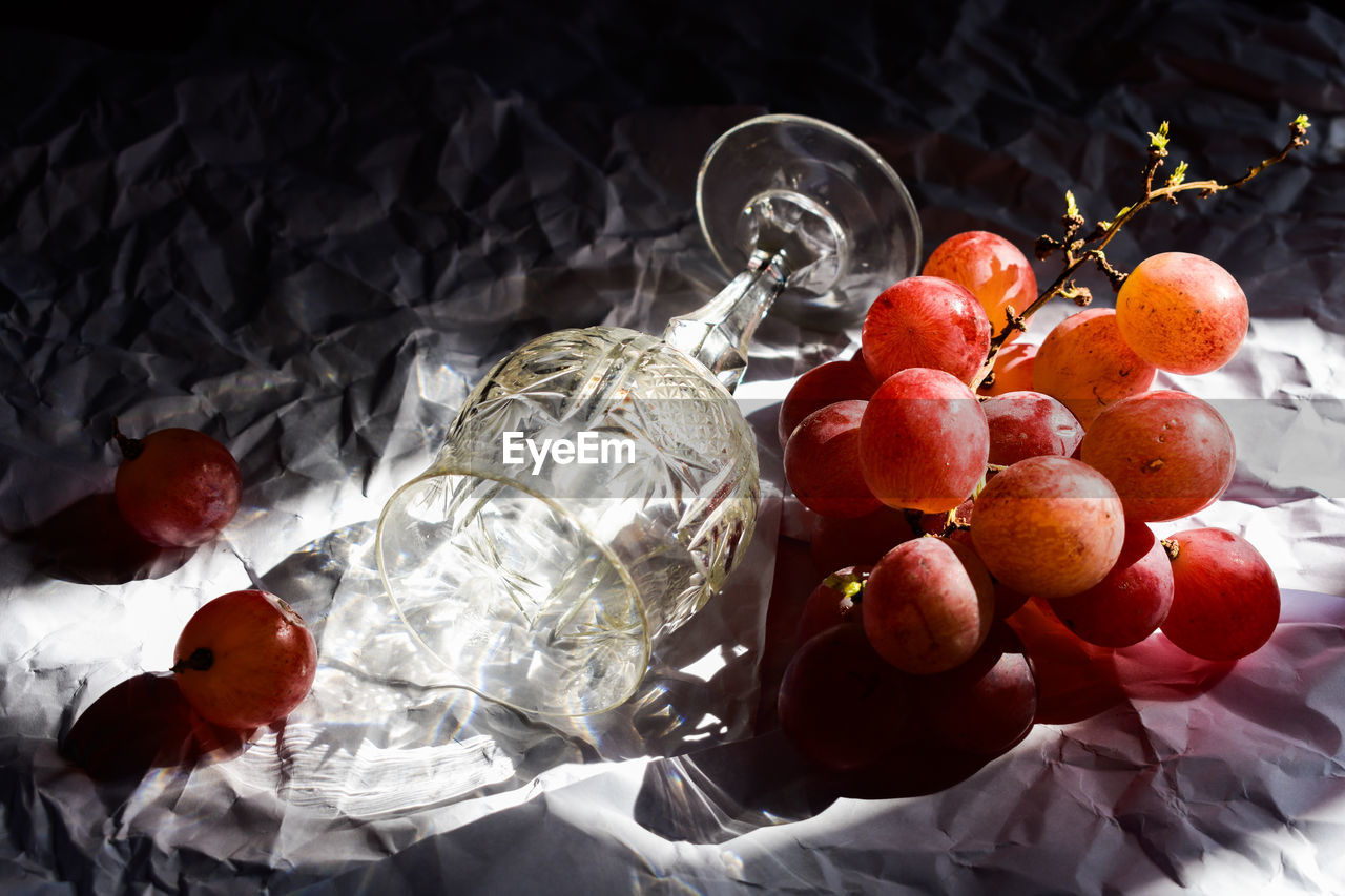 High angle view of grapes on the table