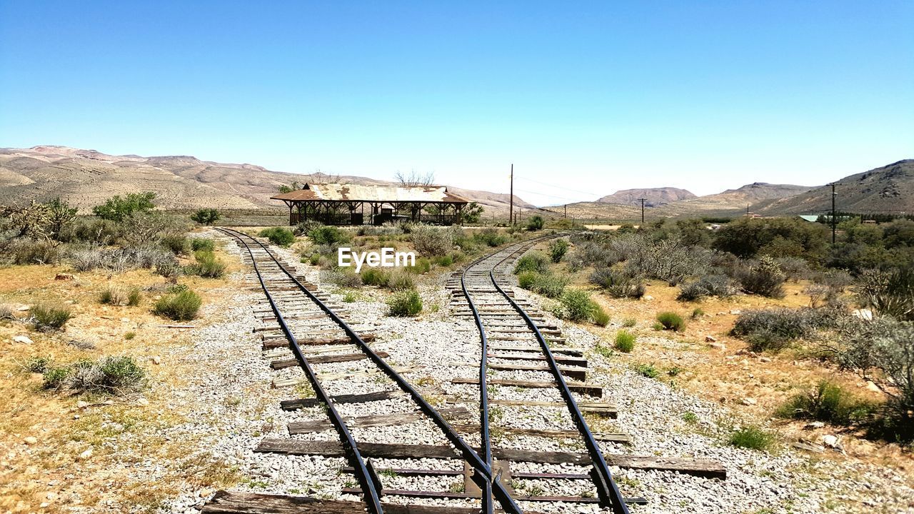 Railroad tracks on landscape against clear sky