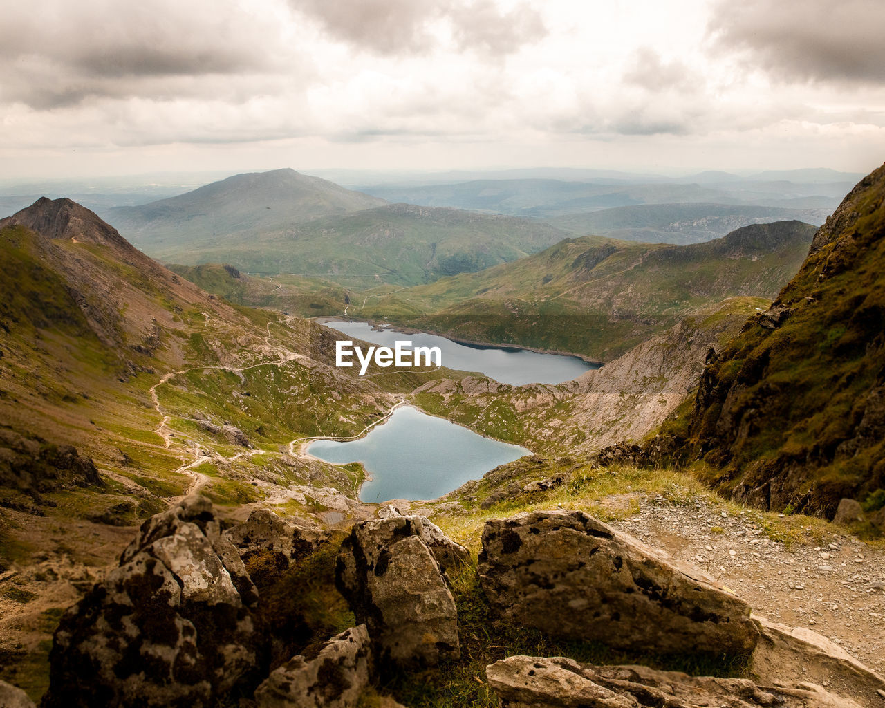 Scenic view of river amidst mountains against sky