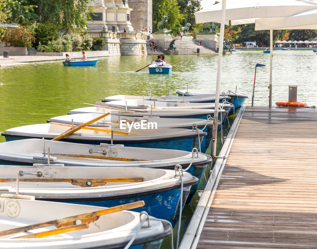 BOATS MOORED IN LAKE