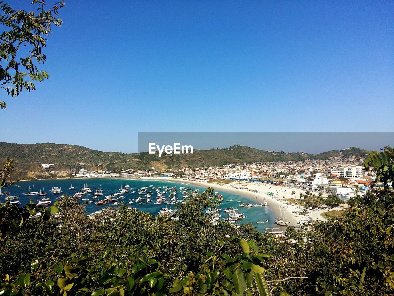 High angle view of arraial do cabo against clear blue sky