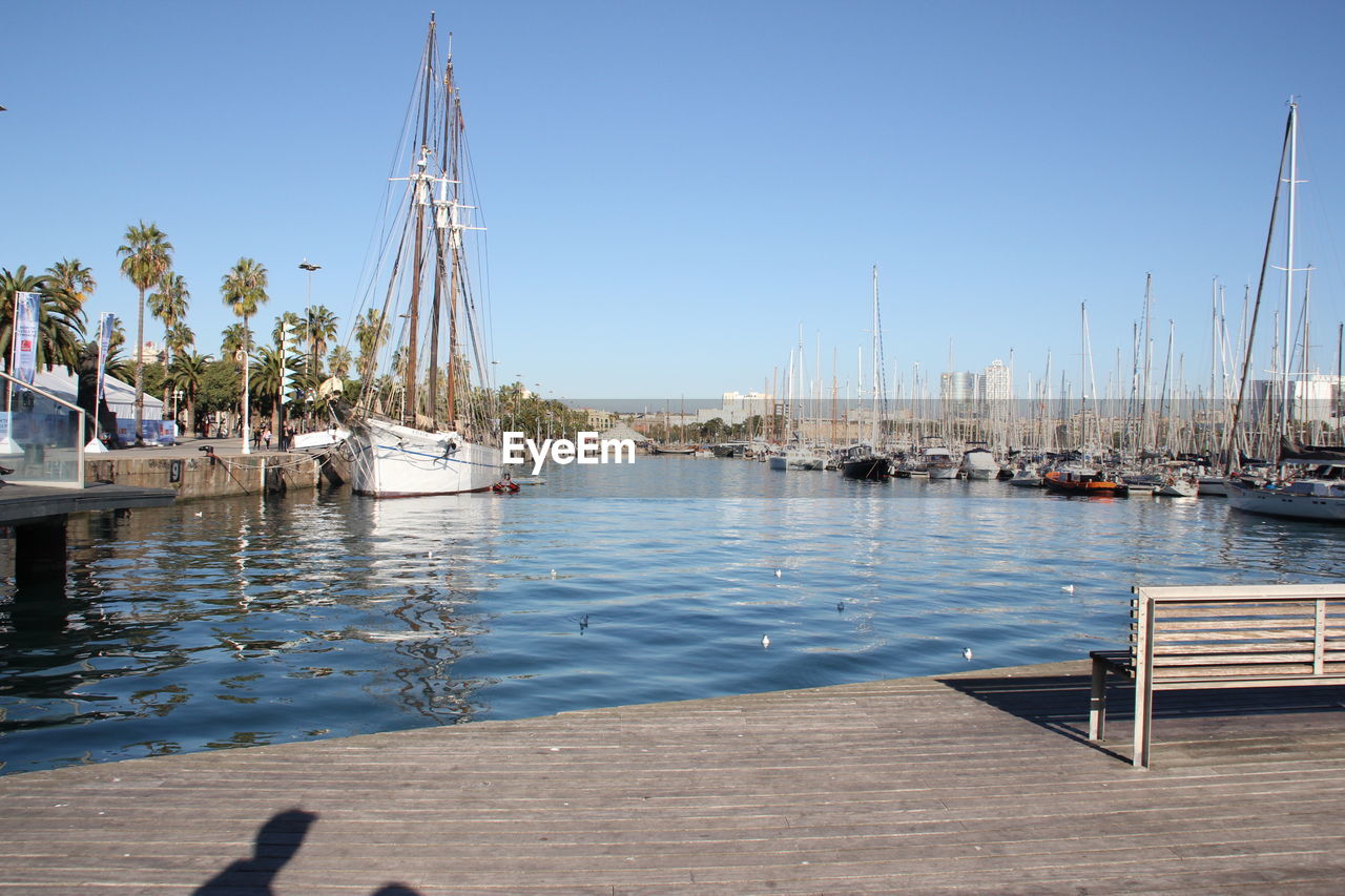 Boats moored at harbor on river