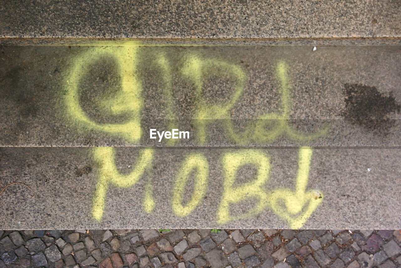 spray paint, text, communication, outdoors, day, street art, textured, yellow, no people, architecture