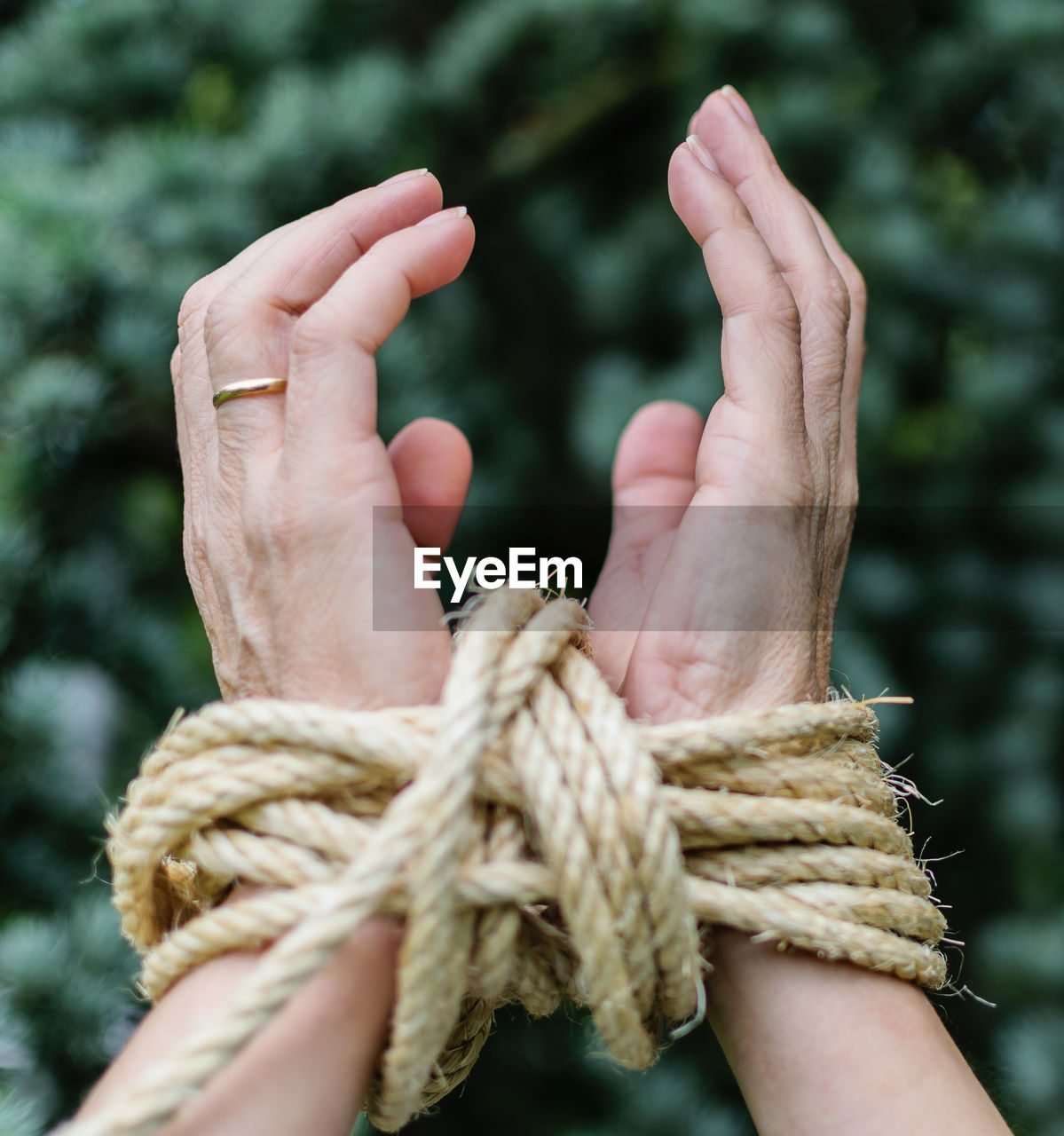 Cropped hands of person tied with rope