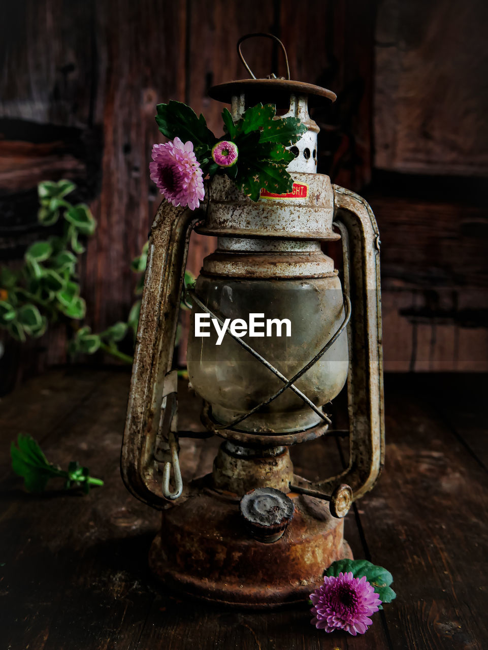 lighting, flower, wood, plant, flowering plant, still life photography, no people, still life, nature, indoors, rustic, darkness, table, decoration, iron, container, old, retro styled, food and drink, metal, jar