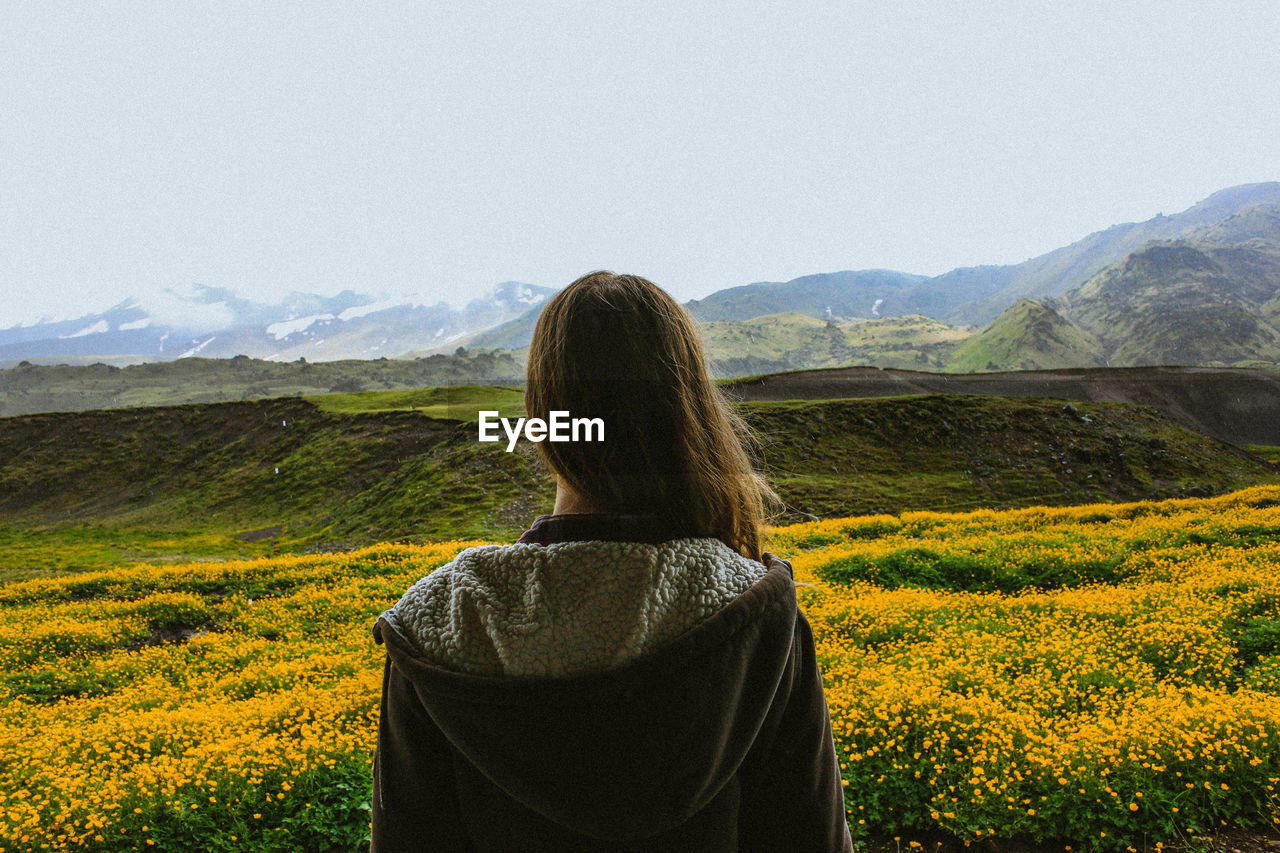 Rear view of woman looking at landscape against sky