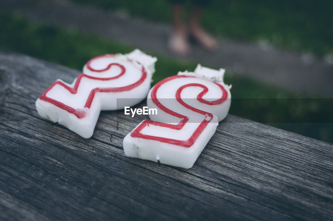 Close-up of number candles on table