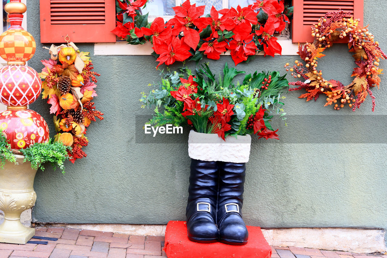 RED FLOWER POT ON POTTED PLANTS