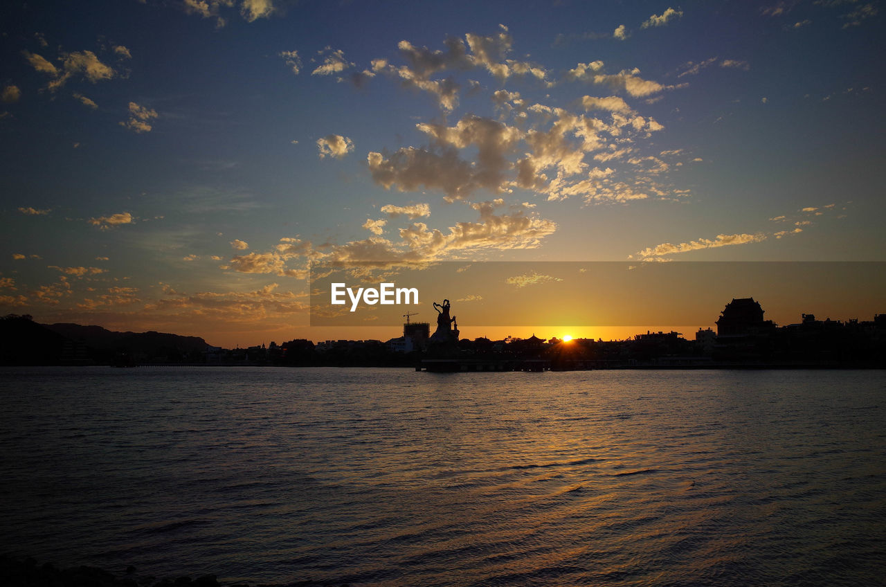 View of calm and scenic sea at sunset