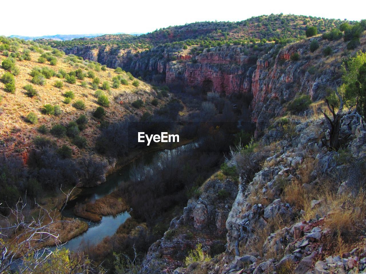 Scenic view of river amidst mountains against sky