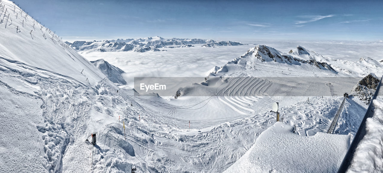 Panoramic view of snow covered landscape against sky