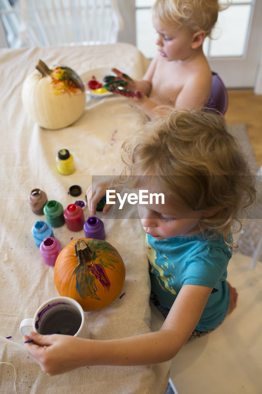 High angle view of siblings painting pumpkins at home