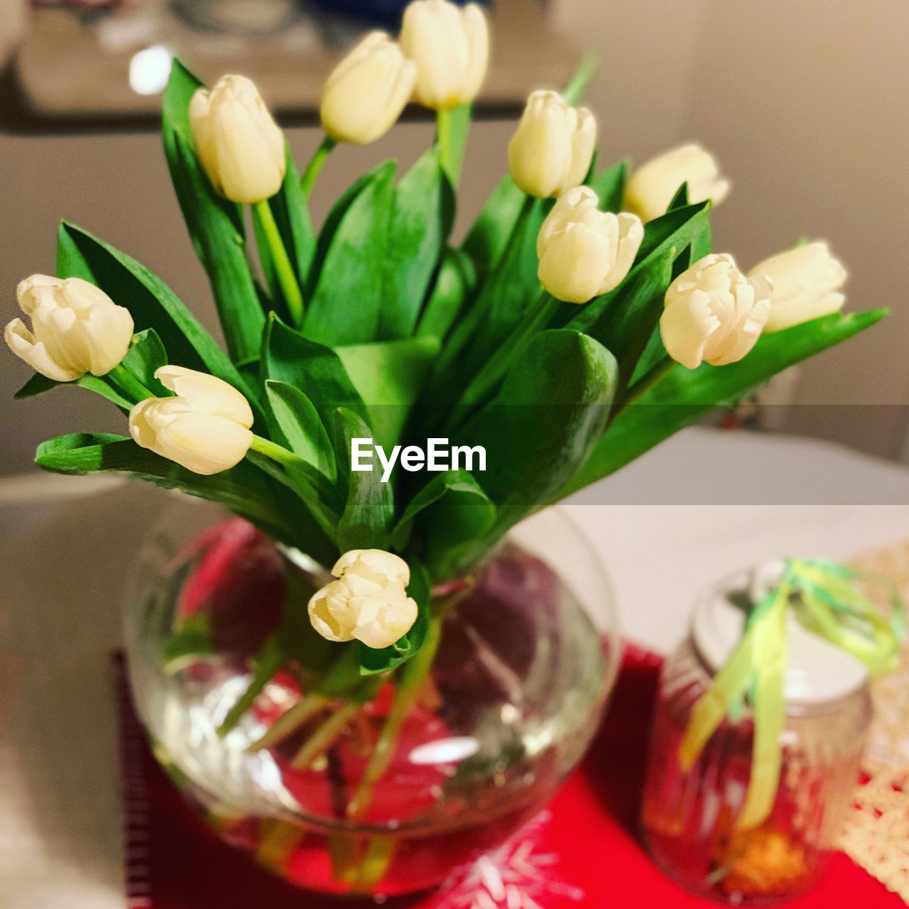 CLOSE-UP OF WHITE ROSES IN VASE
