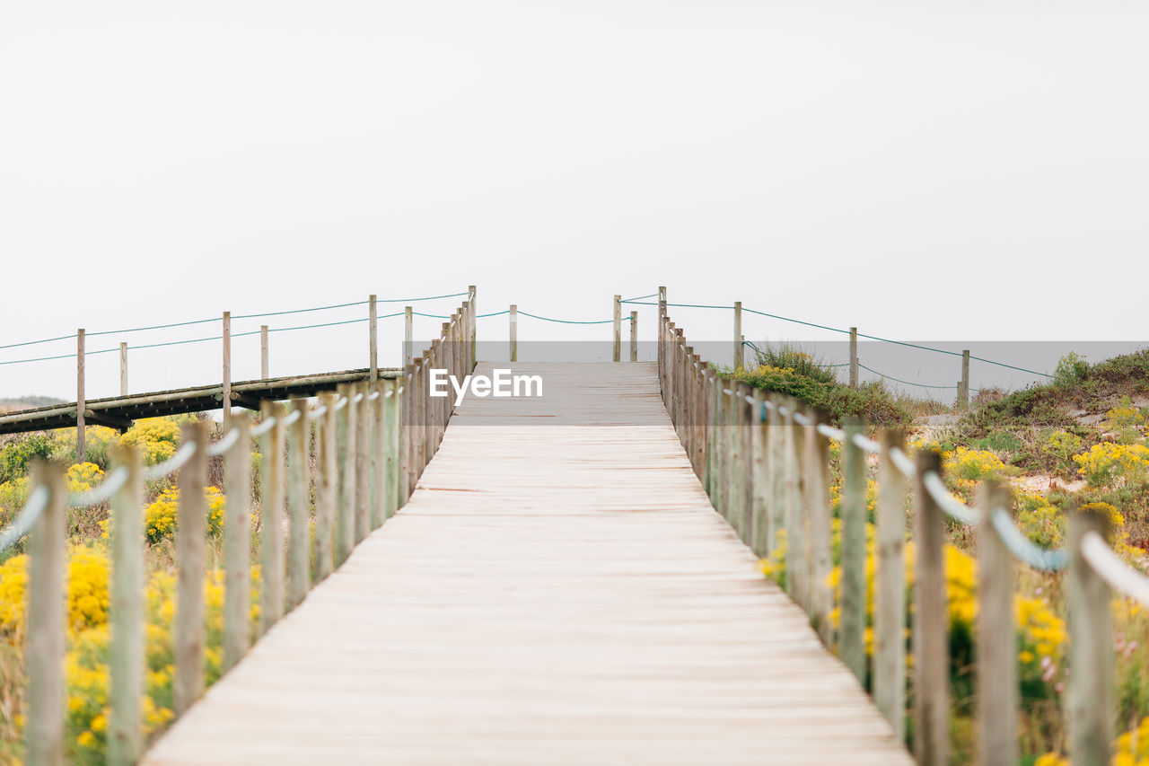 Wooden railing against clear sky