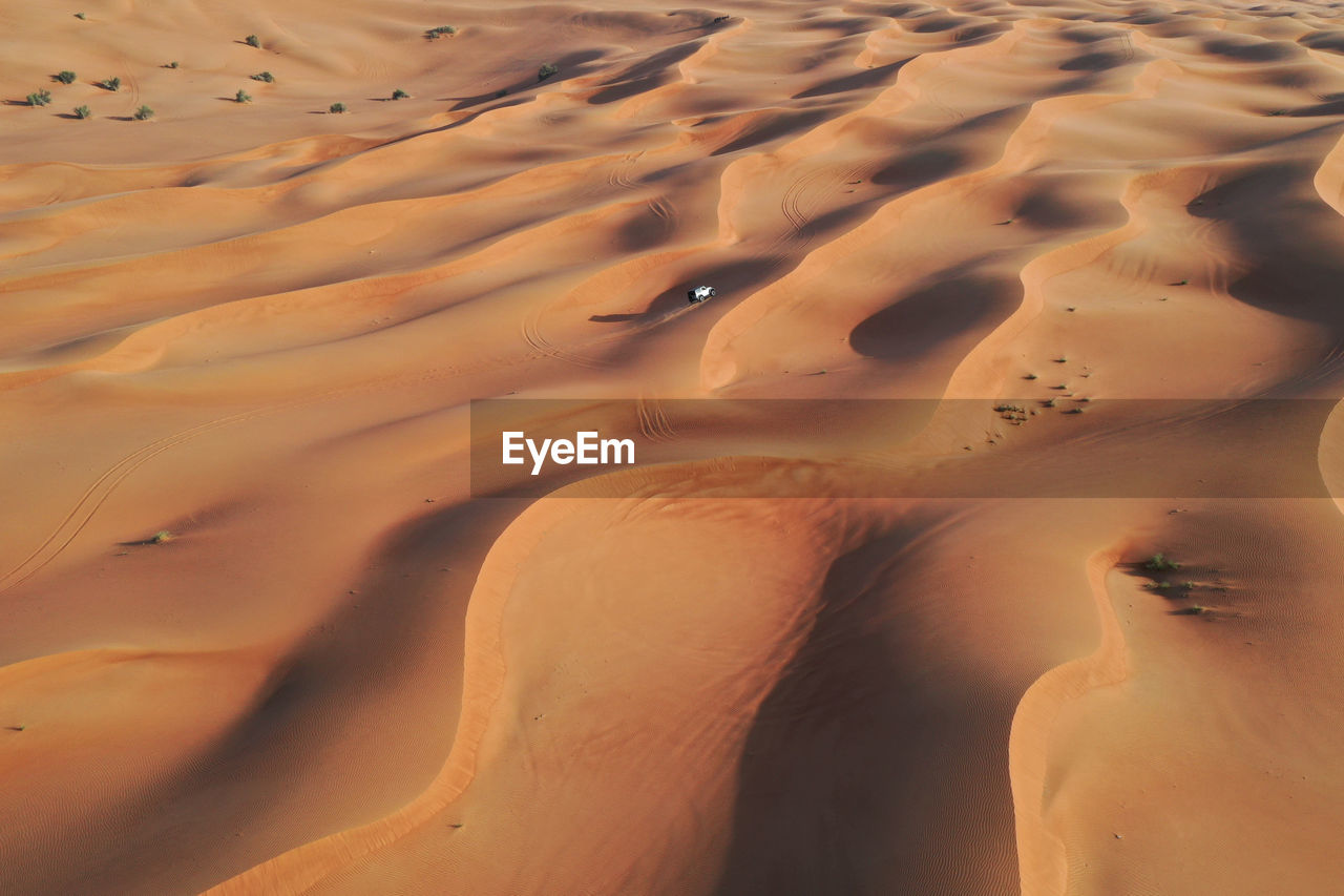 White car driving through the sand dunes. off-road in the united arab emirates.