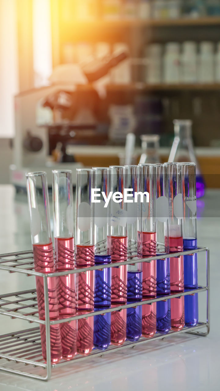 Close-up of test tubes on table