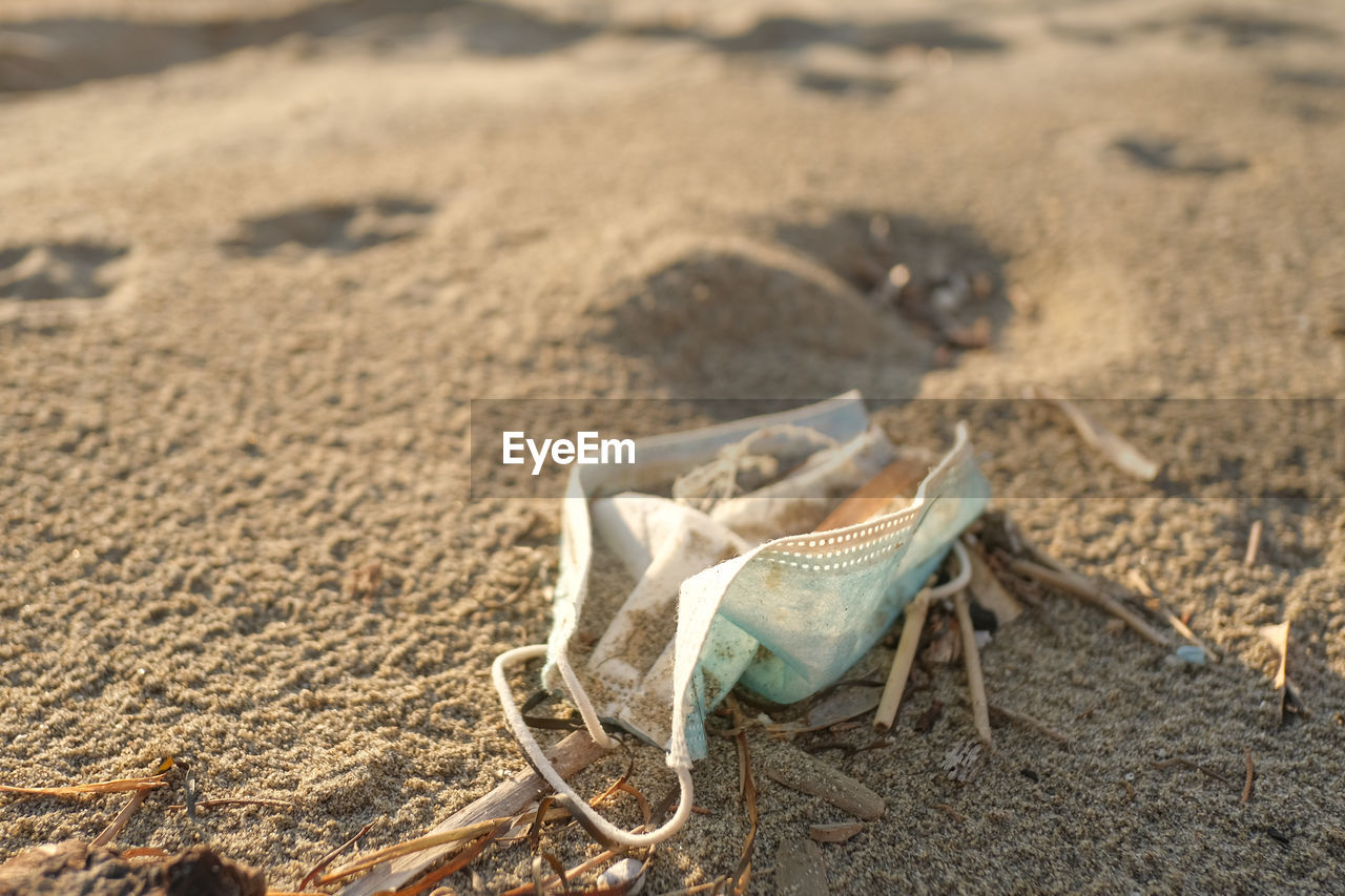 Dirty used surgical face mask discarded on sea coast ecosystem,covid19 pandemic disease pollution 
