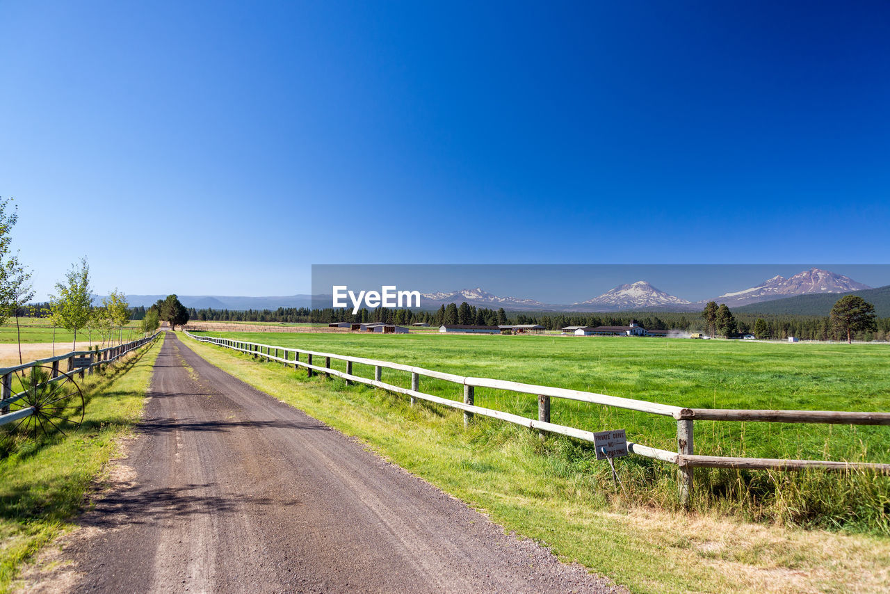 ROAD AMIDST FIELD AGAINST CLEAR SKY