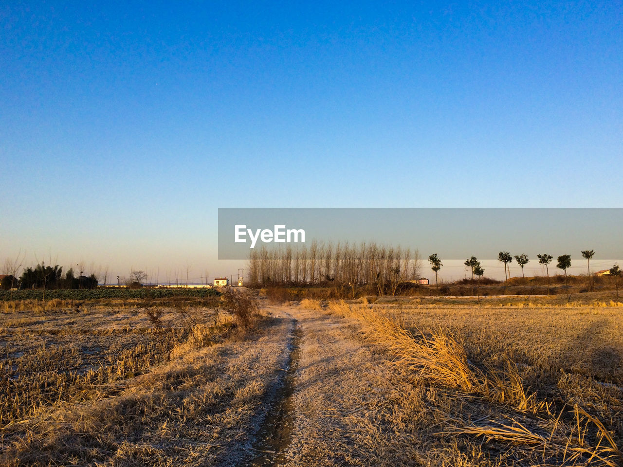 View of landscape against clear blue sky