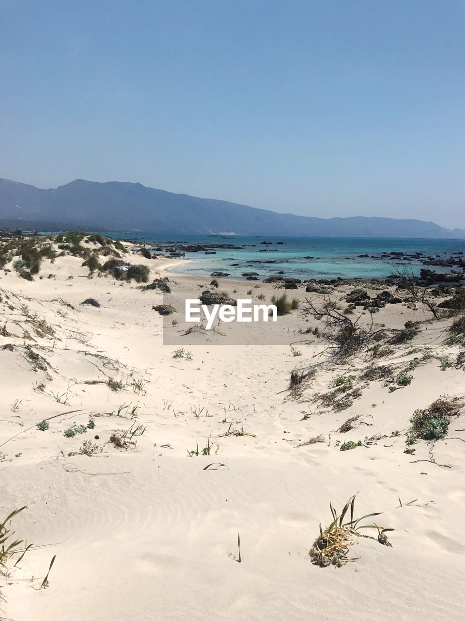 Scenic view of beach against clear sky