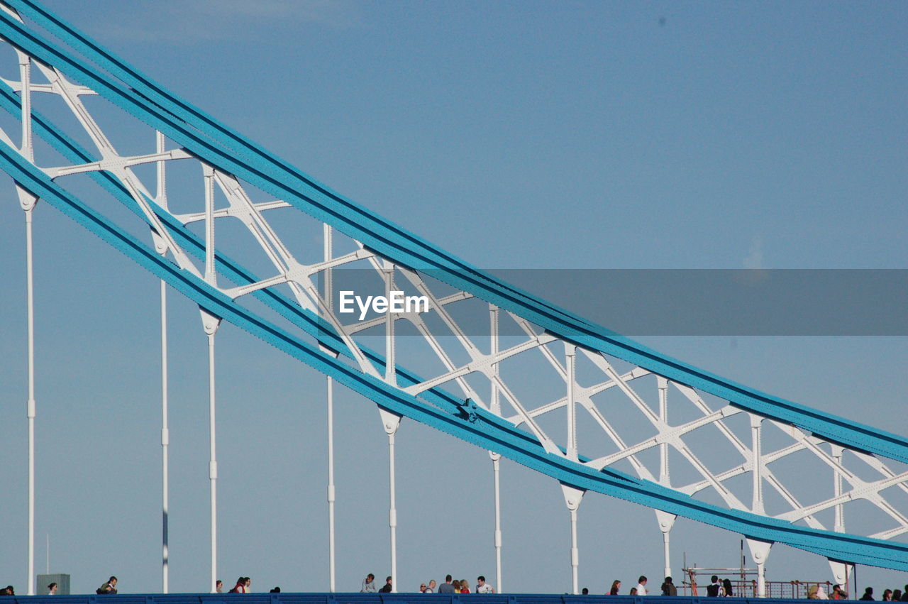 People on tower bridge against clear blue sky