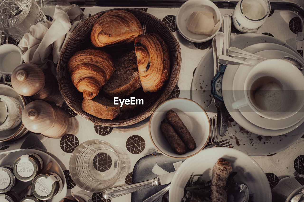 Top down shot of croissants on breakfast tray. 