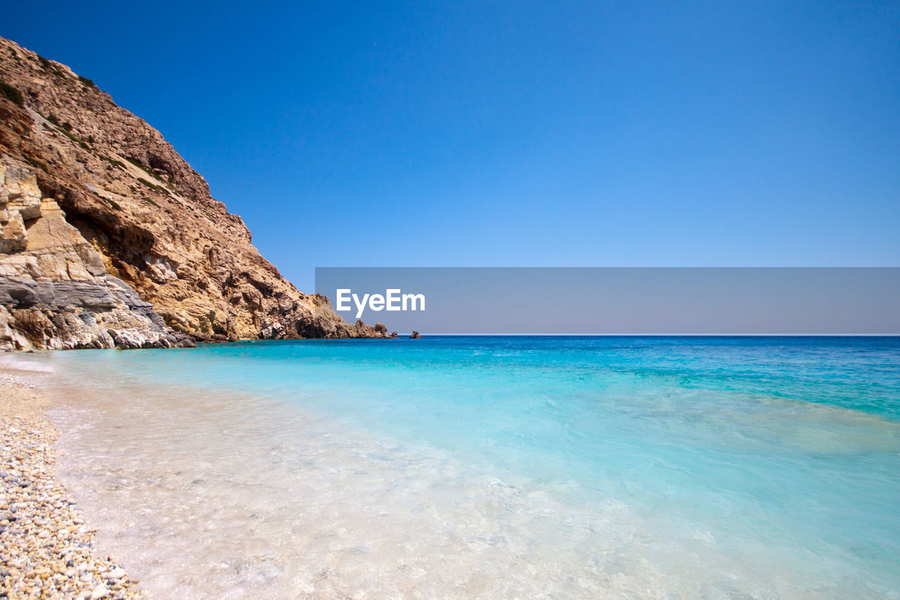 Scenic view of sea against clear blue sky