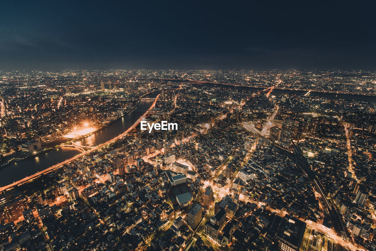 Aerial view of city at night