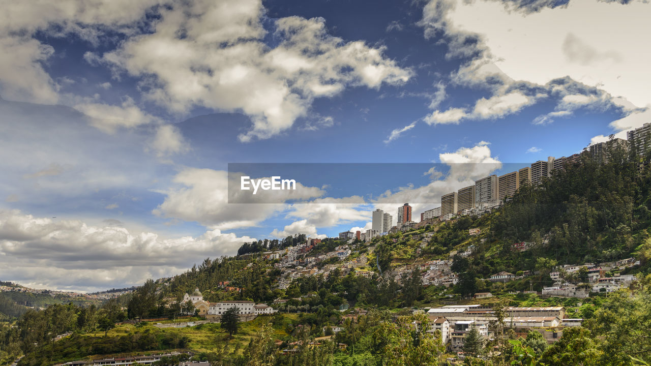 Trees and buildings against cloudy sky