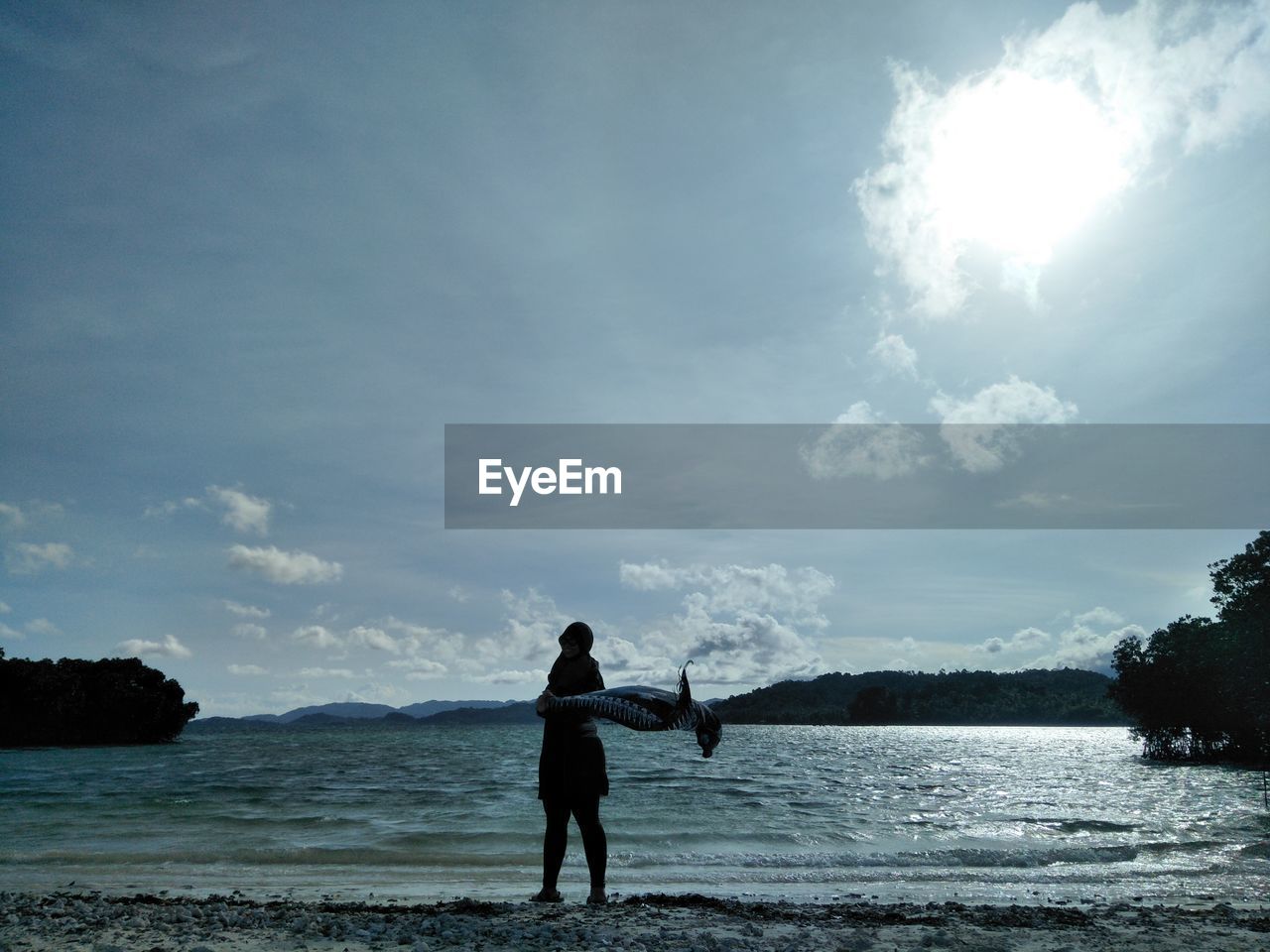 Rear view of man standing on beach against sky