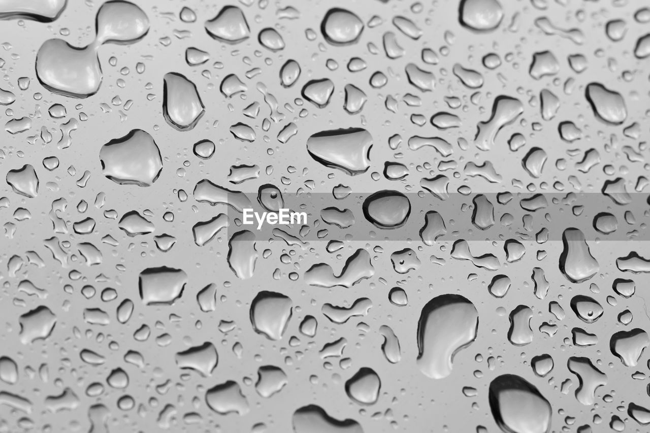 FULL FRAME SHOT OF RAINDROPS ON WATER DROPS