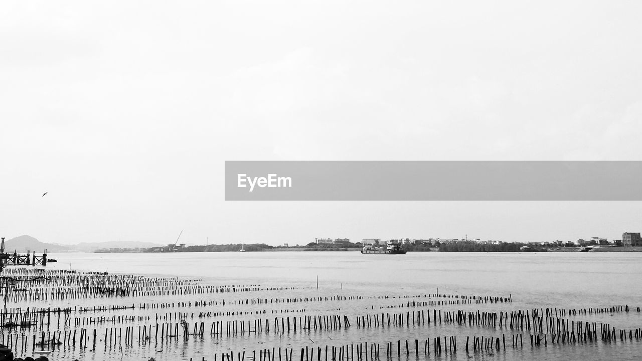 View of wooden posts in the sea