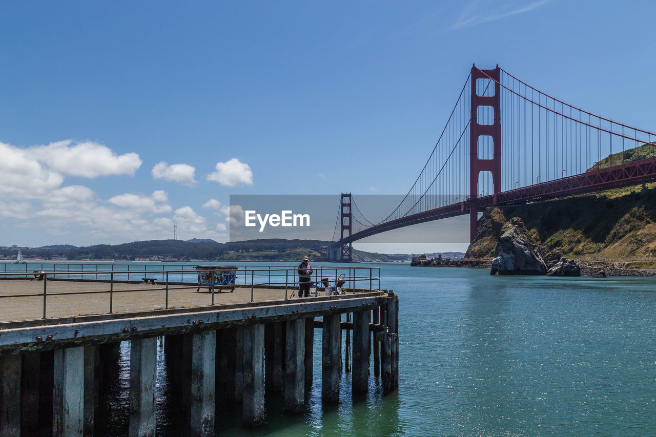 View of suspension bridge over sea