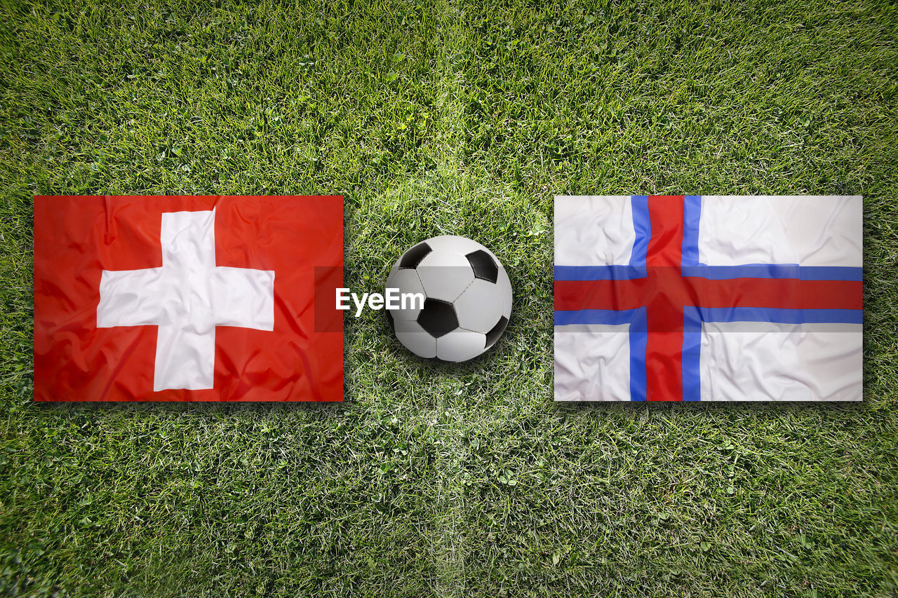 grass, soccer, team sport, soccer ball, flag, sports, plant, green, soccer field, sports equipment, nature, ball, patriotism, soccer uniform, red, high angle view, no people, day, outdoors, white, directly above, field
