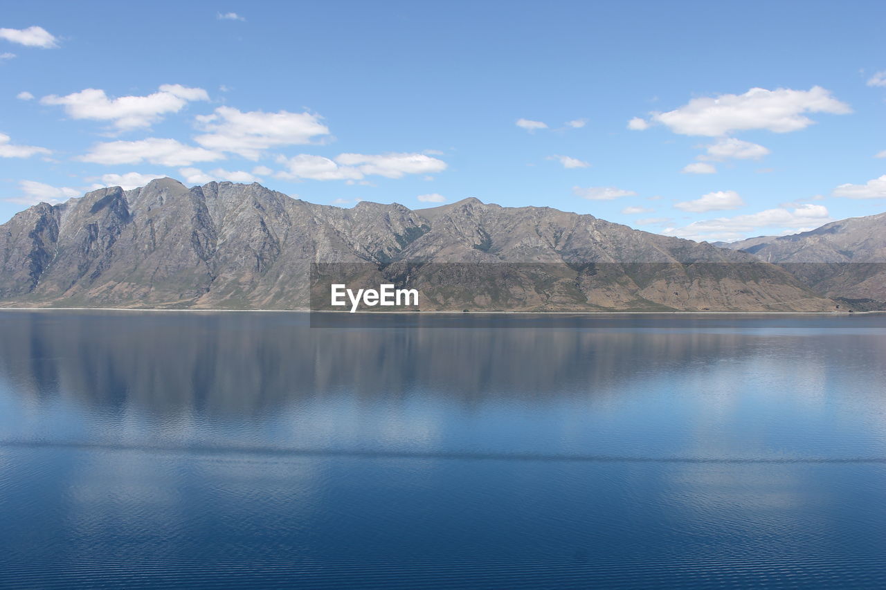 Scenic view of lake by mountains against sky