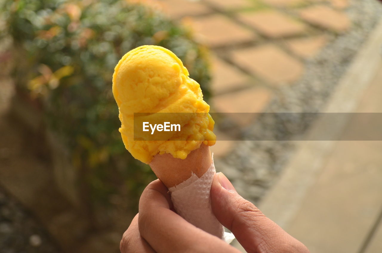 CLOSE-UP OF PERSON HAND HOLDING ICE CREAM