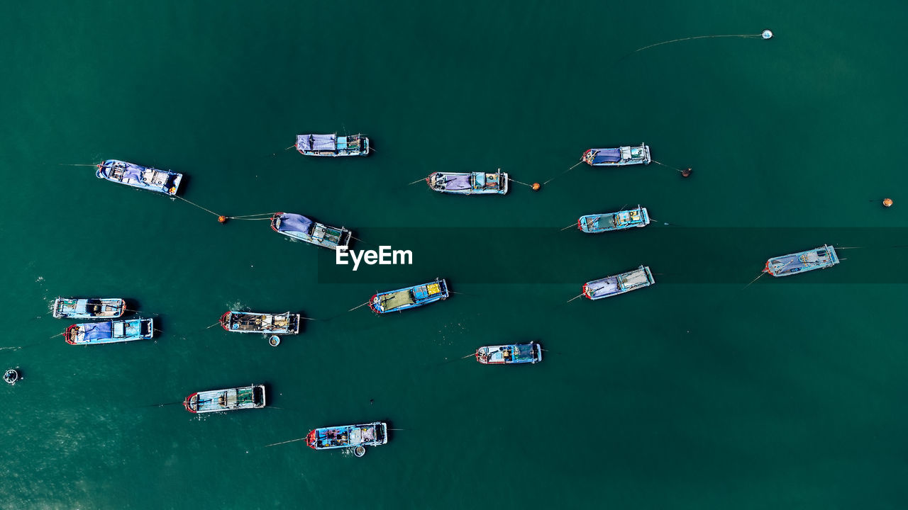 Group of fishing boats in the sea. wide photo, aerial view.