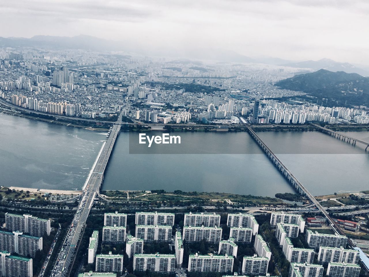 High angle view of city at waterfront