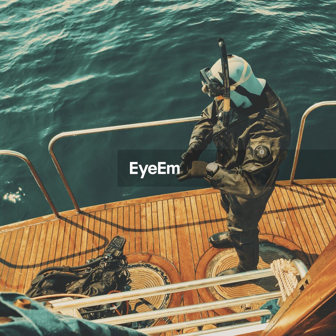 High angle view of man on boat at sea