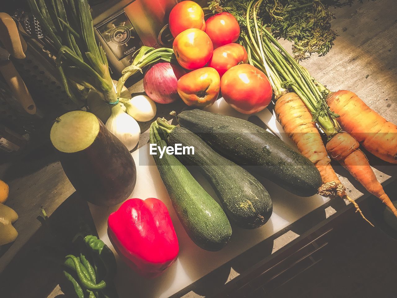 High angle view of vegetables on table