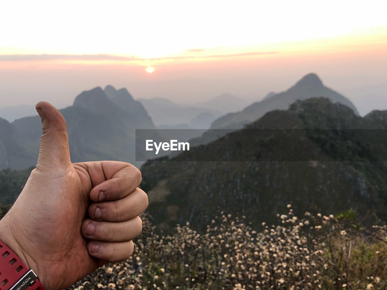 Cropped hand gesturing thumbs up sign against mountains during sunset